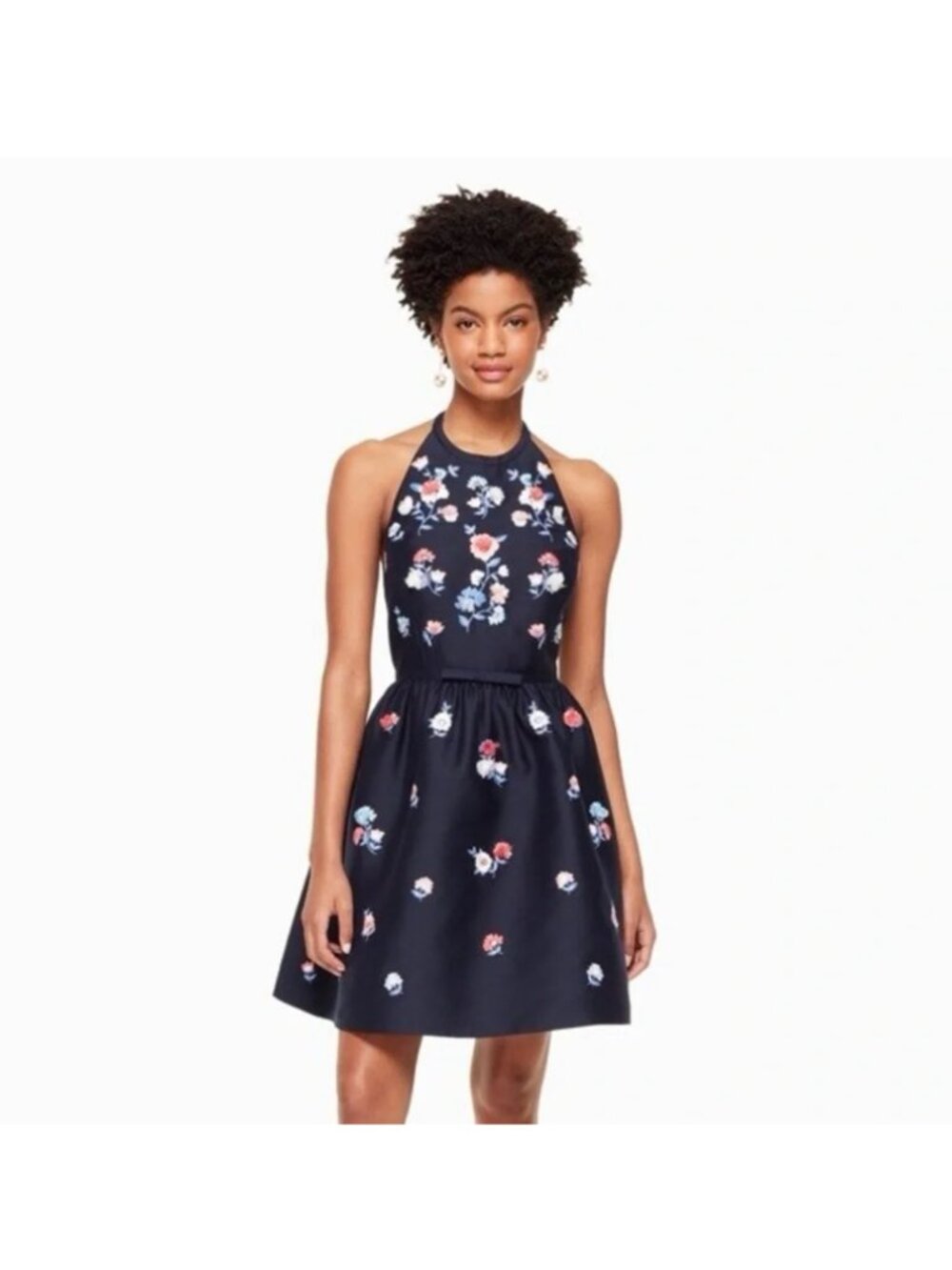 Kate Spade Pom Embroidered Dress Size 16 Navy Floral Halter with Pockets